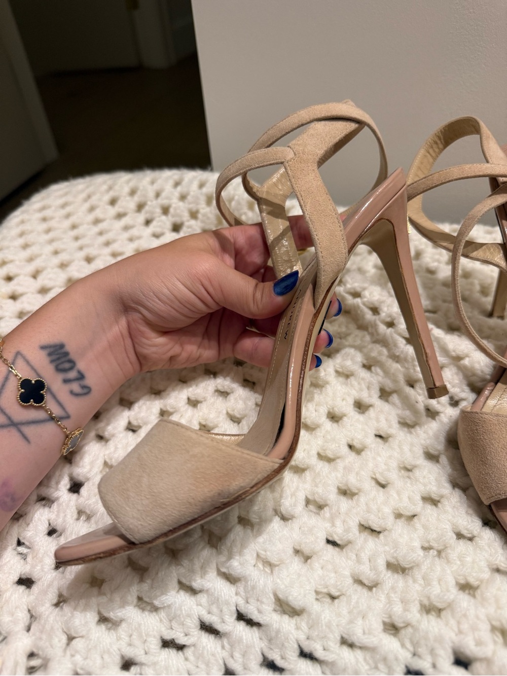 Paul Andrew Italy Beige Nude Suede & Patent Leather Strap Heels
